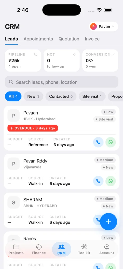 InteriorOS CRM tab on Android