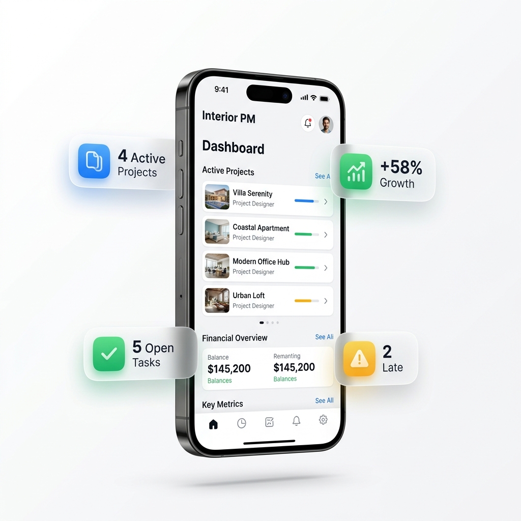 InteriorOS Android app showing the Projects dashboard