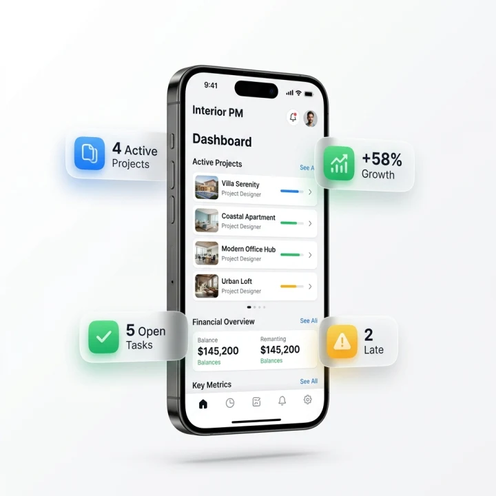 InteriorOS Android app showing the Projects dashboard